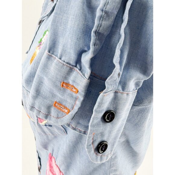 embroidered stitch animals on chambray button down long sleeve shirt M - Picture 5 of 7
